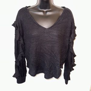 Anthropologie Black Ruffle Sleeve Knit Crop Top